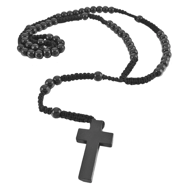 Wooden Pendant Necklace Black Cross Beads Retro 24 Inches Rosary Chain Man Woman | Украшения и аксессуары