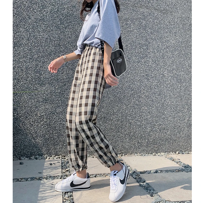 Calças de Cintura Larga para Mulheres em Linha Xadrez Elástica Leggings Harem Pants Mulheres Calças Casuais Perna Reta 3 Cheap Calças e capris