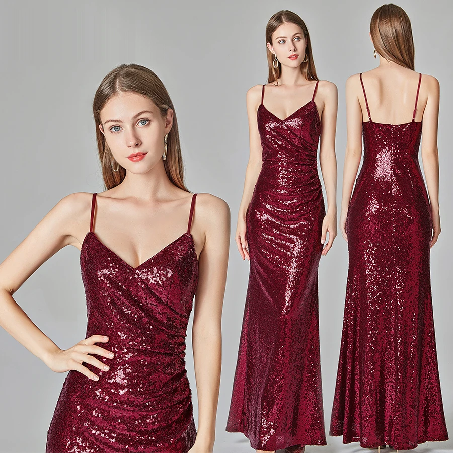 

Evening Dresses for Women Long Burgundy Formal Gowns Sequin Sling Sleeveless Robe De Soiree V-neck Evening Dress 2019 LT005