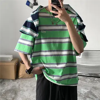

2020 Summer New Youth Popular Men's Loose Color Matching Stripes Five-point Sleeve T-shirt Fashion Casual Round Neck Pullover