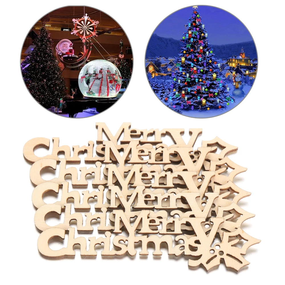 10Pcs Merry Christmas Letter Laser Cut Wood Slice Xmas Tree Ornaments DIY Decor 