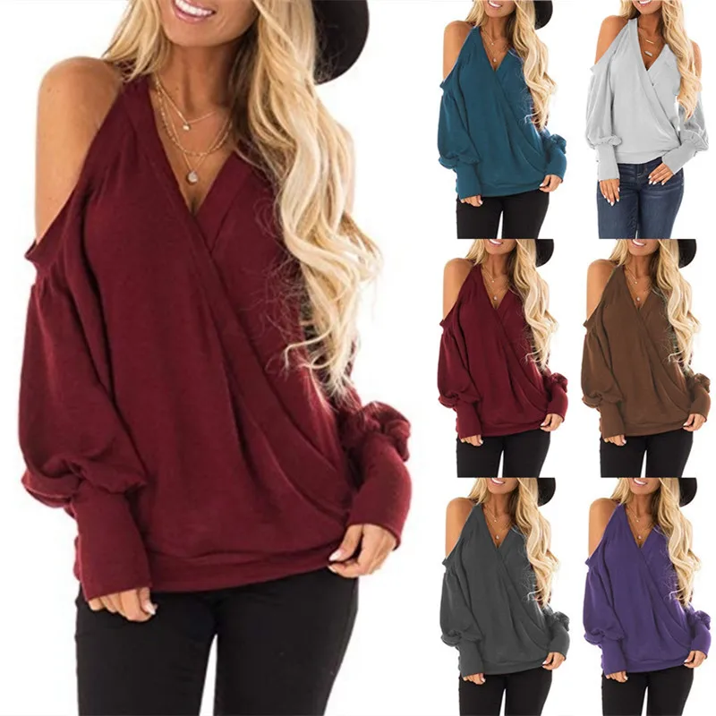 

Autumn Solid Color Strapless V Neck Loose Long Sleeve Women Sweatshirt