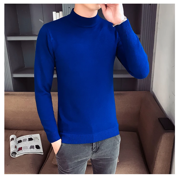 YASUGUOJI, новинка, Осенний модный мужской свитер с высоким воротом, Мужской приталенный свитер, базальная одежда, вязаный пуловер и свитеры для мужчин - Цвет: blue M20
