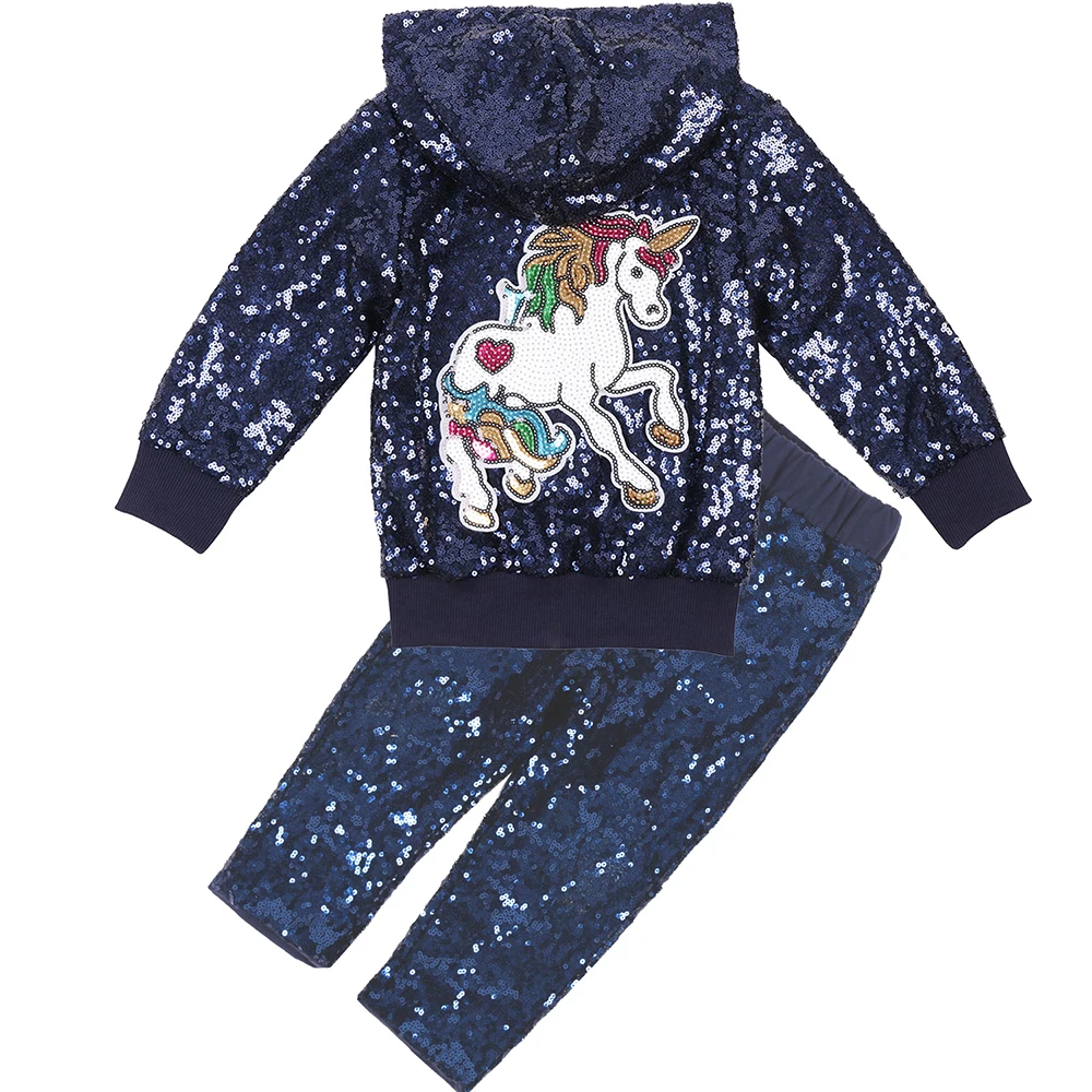 Baby Boys Girls Sequin Unicorn Jacket Hooded Suits with Pants Autumn Winter New Fashion Christmas Clothes for Toddler - Цвет: Navy