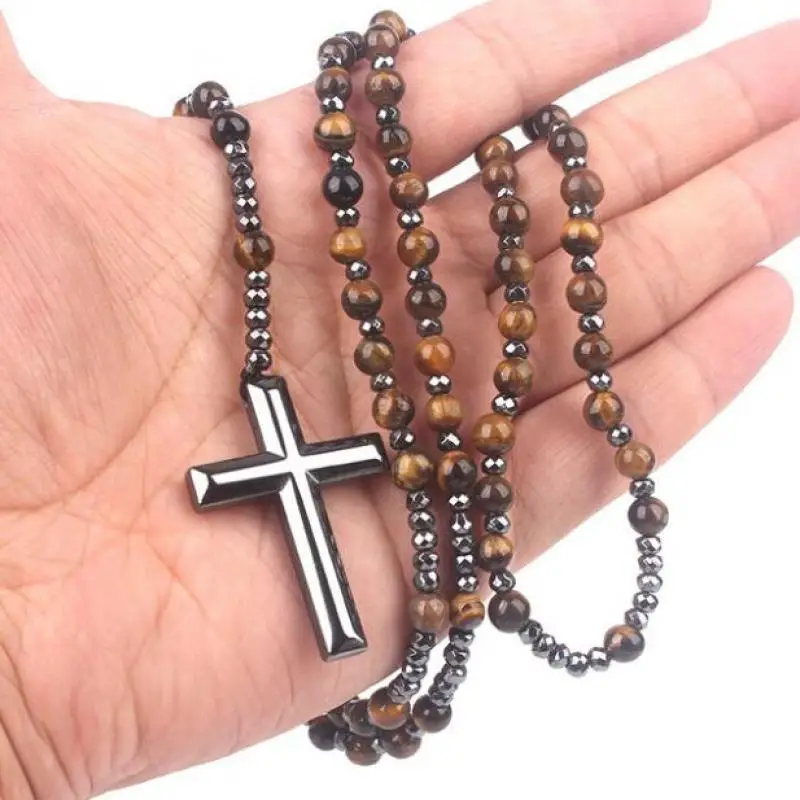 

Holy Classic Vintage Catholic Christ Rosary Necklace Hematite Cross Pendant Mens Religious Prayer Amulet Jewelry Gift Wholesale