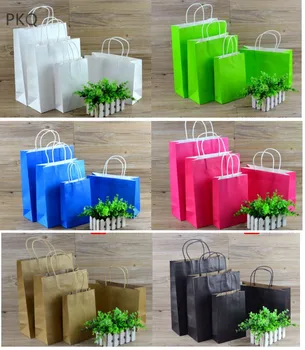 

20pcs/lot Environment Friendly Kraft Paper Bag paper Gift Bag With Handles large Recyclable Shop Store Packaging Bag 8 Colors