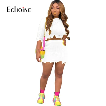 

Fashion Autumn winter Sweater Two Piece Set Women Long Sleeve Knitted Crop Top Mini Skirt Casual Suits Streetwear matching sets