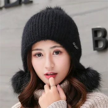 

Trendy Rabbit Hair Hat Ladies Winter Plus Velvet Thick Girl Fashion Sweet Autumn Winter Knitted Woolen Hats Female Beanie Warmer