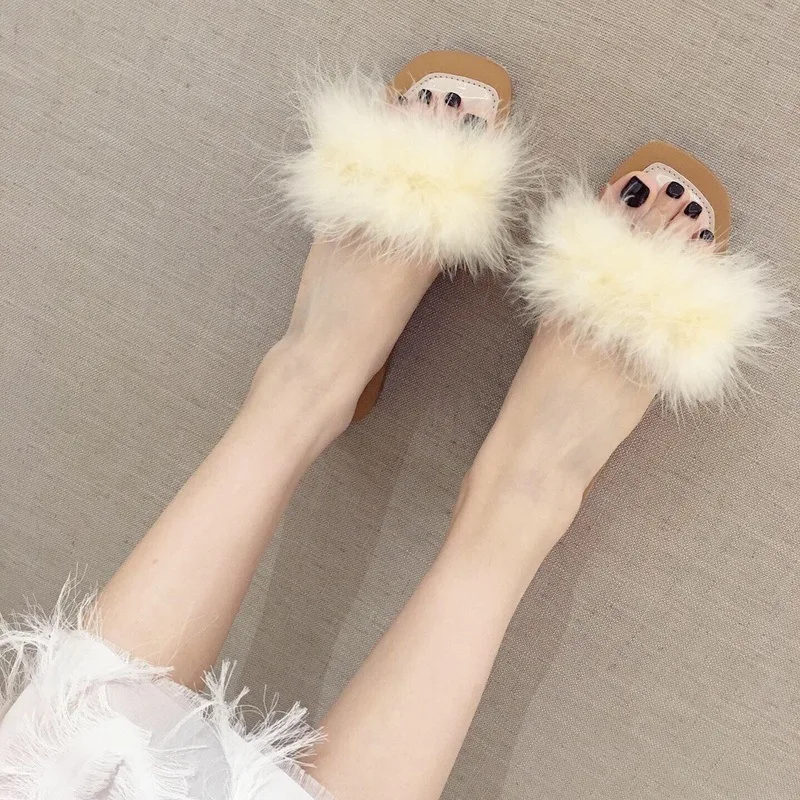 

Fashion Fur Slipper Women Shoes Women's 2019 Summer New Style Fashion Rabbit Fur Sandals Soft Bottom Flat