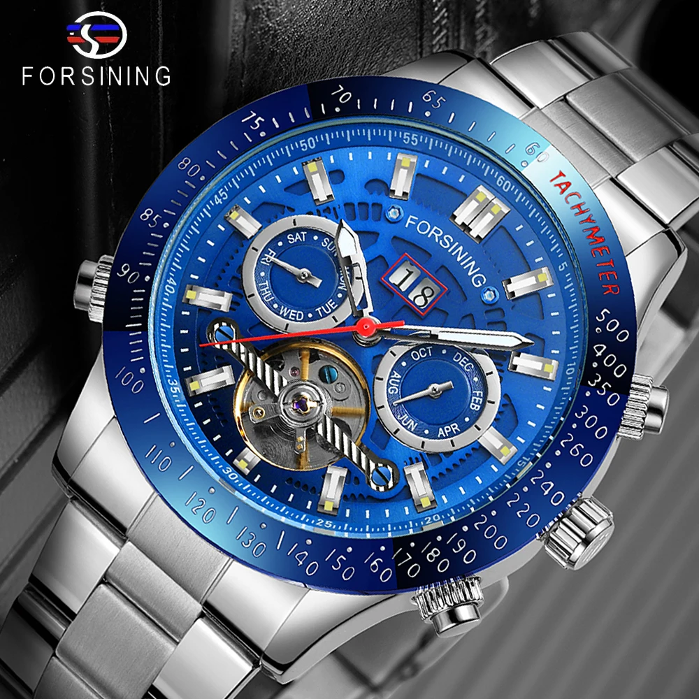 

FORSINING 2019 Top Brand Luxury Men Automatic Military Watch Tourbillion Watch Stainless Steel Luminous Calendar Display Watch