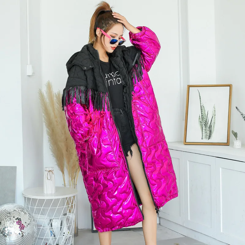 Women Contrast Color Blocked Long Cardigan Big Size Loose Thick Warm Jacket High Street Tassels Spliced Coat |