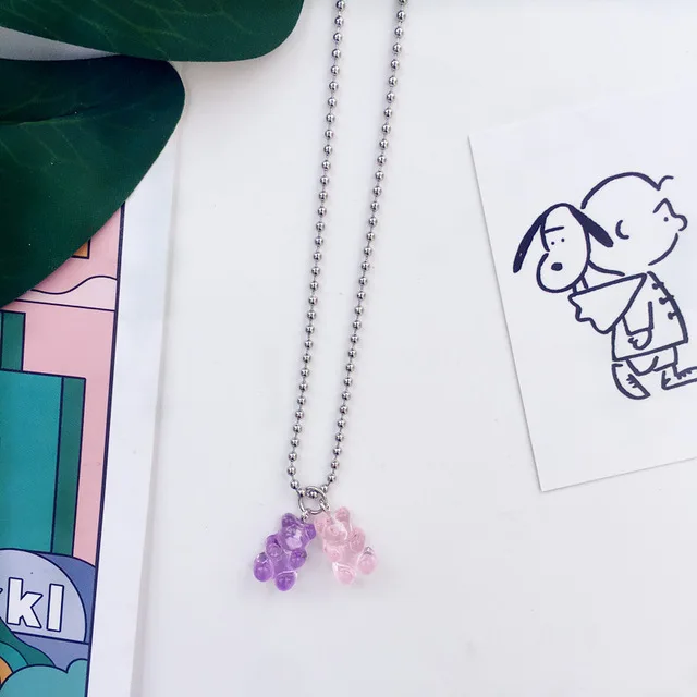purple pink Ожерелье ручной работы из нержавеющей стали с милым медвежонком из мультфильма Джуди, 7 цветов, подвеска карамельного цвета для женщин и девушек, повседневные ювелирные изделия, вечерние украшения, подарок - Окраска металла: purple pink