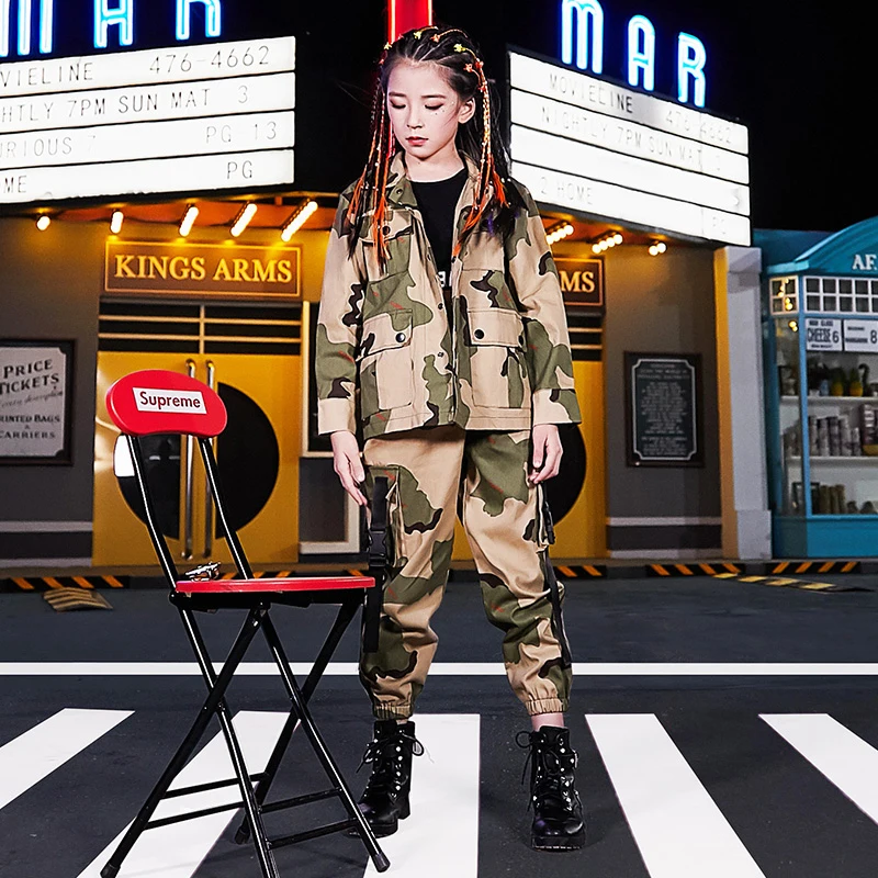 

2019 Autumn Winter Girls Camouflage Jacket Pants Child HipHop Dancing Outfit Kids Jazz Dancewear Street Dance Costumes DQL2672