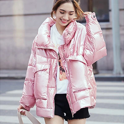 Pink Zipper Reflective Winter Coat Women Glossy Pocket Loose Female Jackets Streetwear Parka Jacket Casacas Para Mujer Korean Outwear - Цвет: Pink