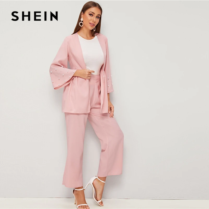 SHEIN светло-розовое жемчужное пальто с бисером и широкими штанинами Осенние Женский комплект 2 шт. элегантные офисные женские наряды комплект из двух предметов