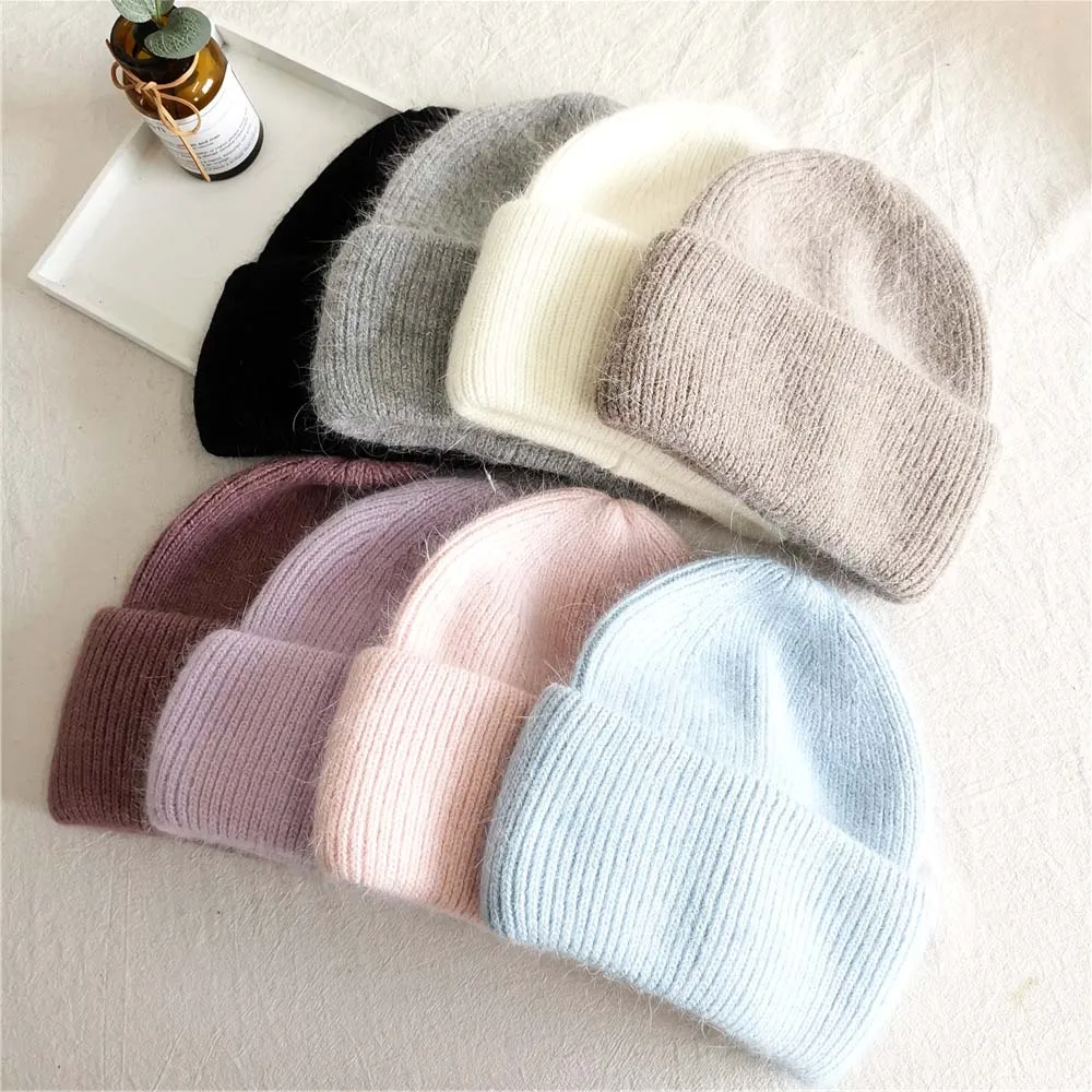 

New High Quality Winter Hats for Women Warm Long Rabbit Fur Hair Female Caps Fashion Solid Colors Wide Cuff Young Style Beanies