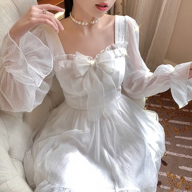 QWEEK Vintage Sweet Kawaii Princess Fairy Dress Women French Elegant White Ruffle Party Dresses Female Mori Girl Cute Clothes party dresses