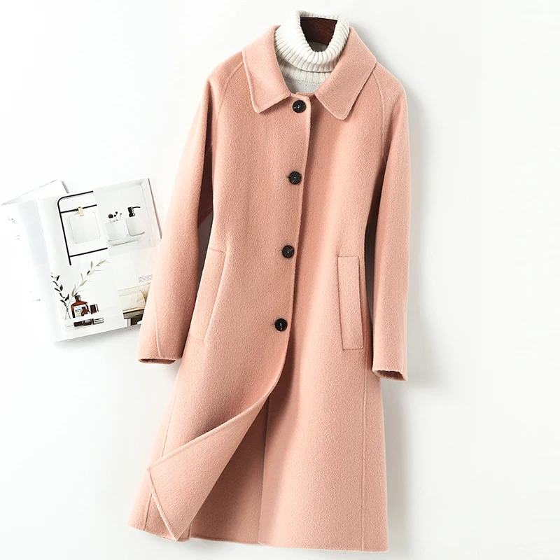 

19009-2 Double faced cashmere coat wool coat women's new loose mid long Hepburn doll collar in autumn and winter 2019