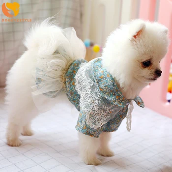 

Dog Dresses Summer Clothes For Pets Cat Princess Dress Blue Floral Print Lace Puppy Wedding Dress Girl Dog Clothing Dropshipping