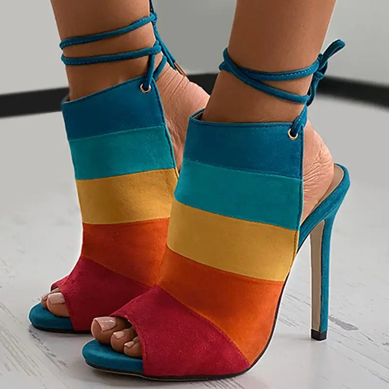 

Zapatos De Mujer Ladies Sexy Maxi Color Bandage Suede Casual Sandals Colorblock Peep Toe Lace-Up Stiletto Heel
