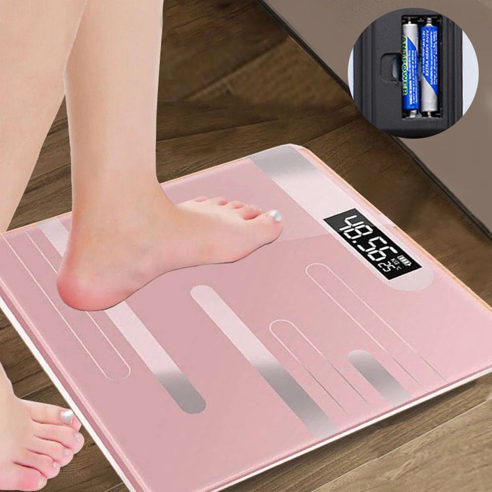 pink Battery Напольные весы для ванной комнаты, стеклянные умные электронные весы, розовые, зарядка через usb, ЖК-дисплей, весы для тела, цифровые весы для тела - Цвет: pink Battery