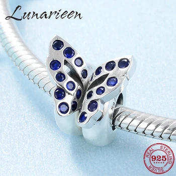 

New 925 Sterling Silver Two Pieces Butterfly Blue CZ Stopper Spacer Beads Fit Original Pandora Charm Bracelet Jewelry making