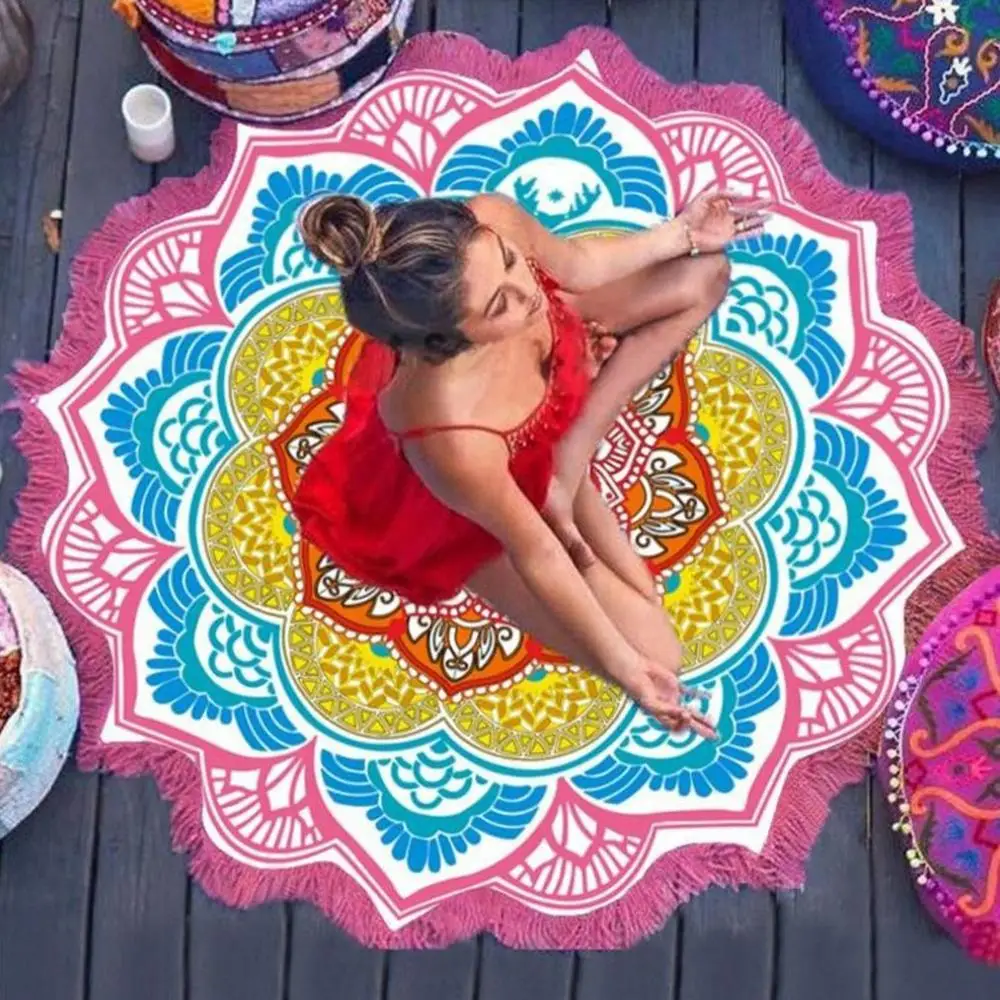 

BeddingOutlet Beach Towel Tassel Toalla Mandala Tapestry Sunblock Round Cover-Up Bath Towel Lotus bohemian Yoga Picnic Mat147cm