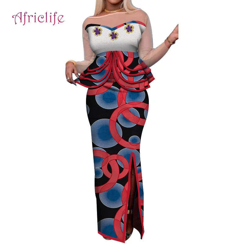 

WY4989 Thin Chiffon Lace Patchwork One Pcs Skirt Long Sleeve Plus Size Women Dresses Suitable to Wedding Party Daily