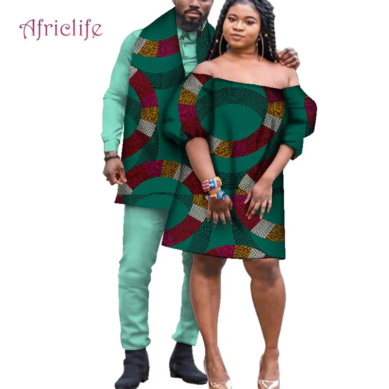 

African Dresses for Women Bazin Mens Shirt and Pants Sets Lover Couples Clothes Print Yarn Dress African Design Clothing WYQ245