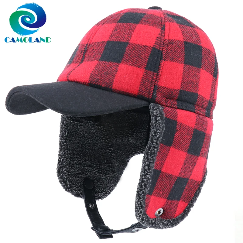 CAMOLAND Red Black Plaid Winter Bomber Hats For Women Men Thermal Fleece Fur Earflap Caps Russia Trapper Pilot Baseball Snow Cap |