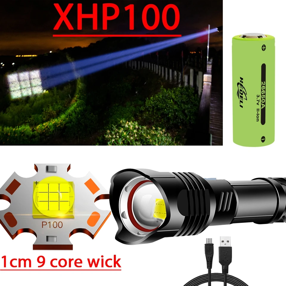 Most Bright XHP160 P100 LED Flashlight USB Rechargeable Zoom Torch Light Battery