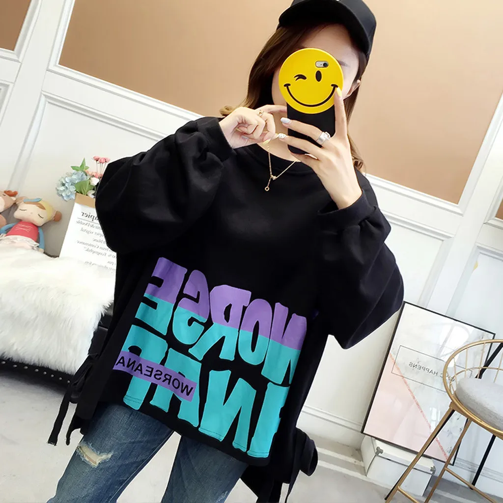 JAYCOSIN Женская одежда с длинным рукавом и круглым вырезом, женская модная повседневная Свободная блузка с буквенным принтом, рубашка, пуловер Feminino 1028