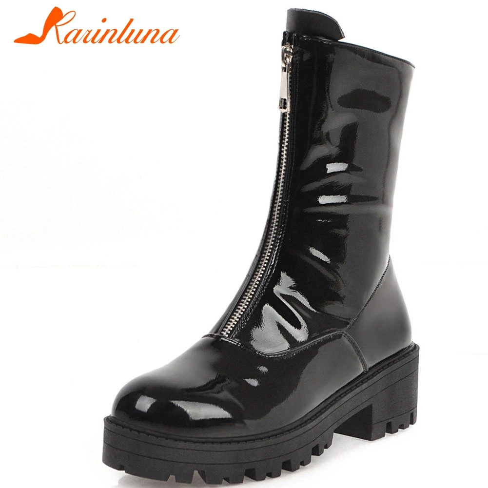 

KARINLUNA New Hot Sale Ladies Med Chunky Heels Platform Boots Brand Design Zipper Boots Women Fashion Patent Pu Shoes Woman