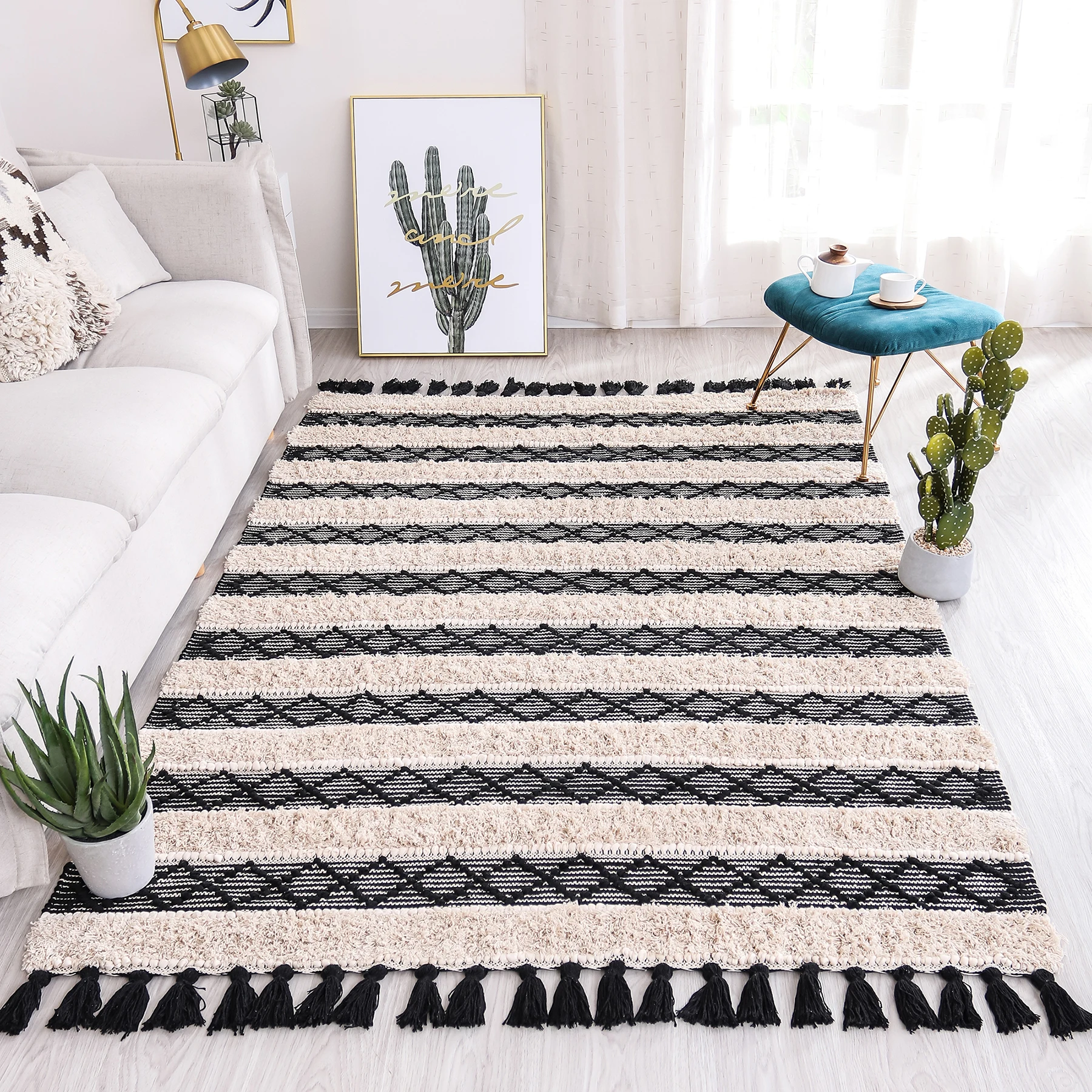 Boho Small Bathroom Rugs Tassel, Cotton Woven Kitchen Rug Bath Mat