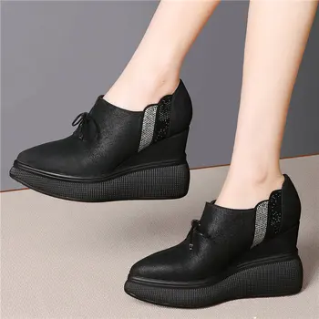 

Punk Goth Trainers Women Cow Leather High Heel Evening Party Pumps Shoes Wedges Platform Fashion Sneakers Lace Up Tennis Shoes