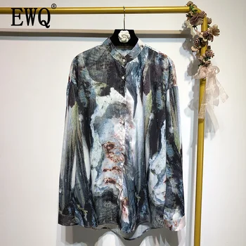 

[EWQ] 2020 Spring Summer New Pattern Stand Collar Long Sleeve Hit Colors Patchwork Single Breasted Vintage Shirt Women AK98101