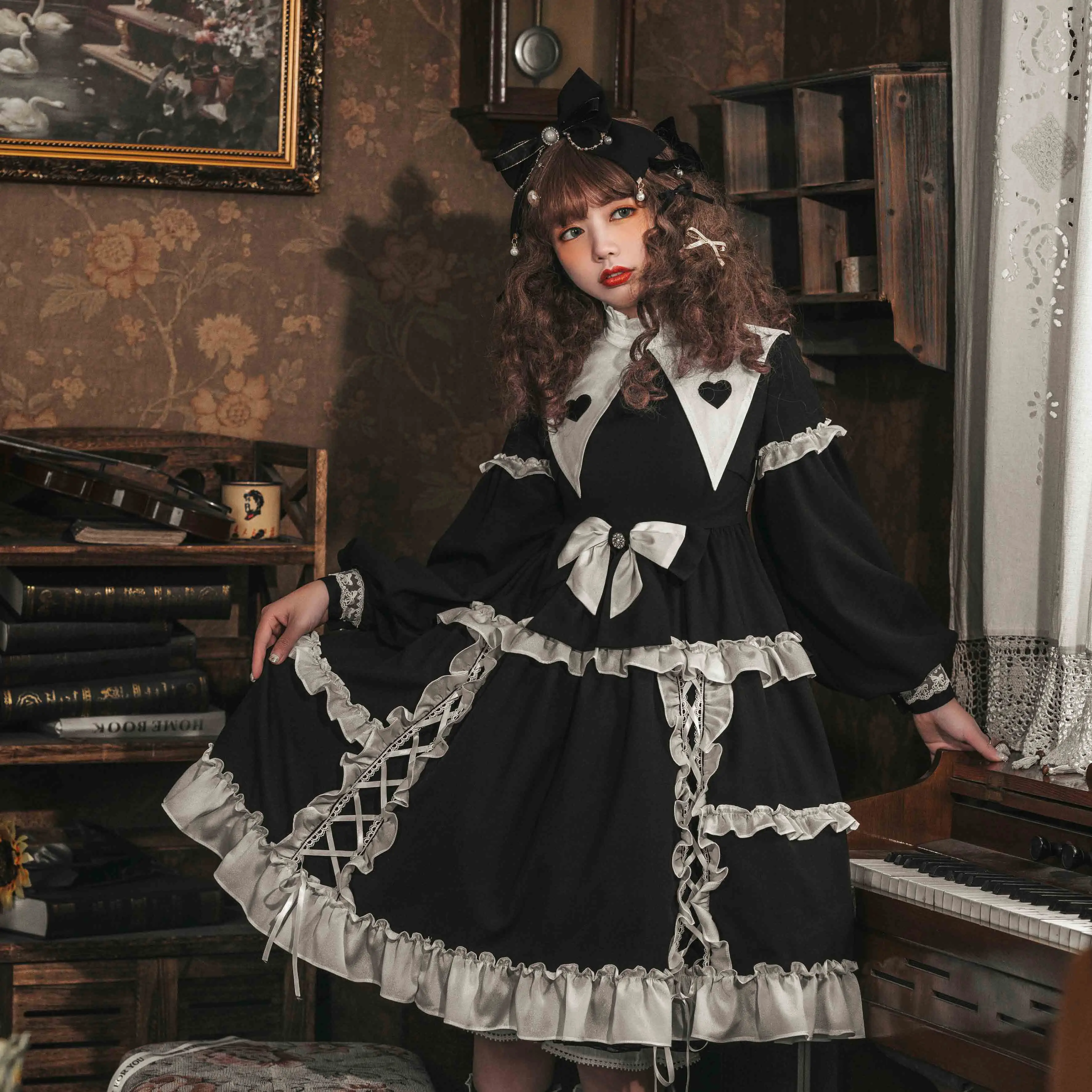 

Gothic vintage sweet lolita dress stand falbala lace bowknot patchwork victorian dress kawaii girl gothic lolita op loli cosplay
