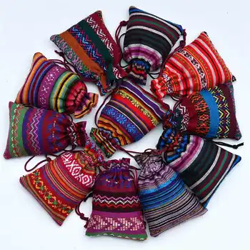 

30pcs/lot Ethnic Style Small Gift Bag Stripe Colored Cotton Cloth Drawstring Bundle Mouth Storage Bag Tribal Style Jewelry Bag