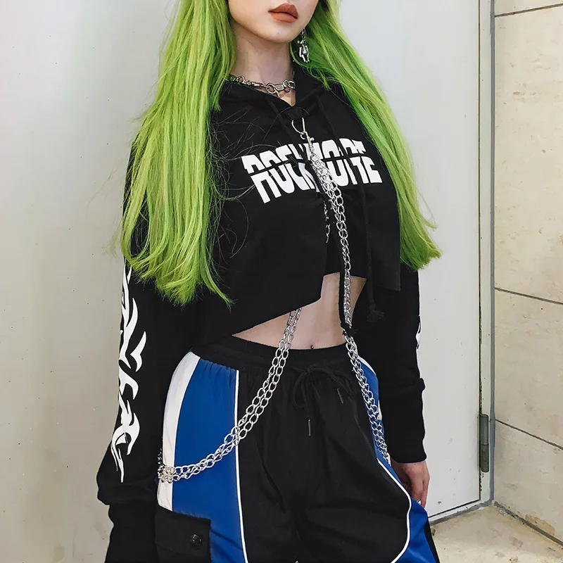 Dark Punk Black Women Sweatshirt 2020 Autumn Lady Short-Length Long-Sleeve Metal Chains Goth Hoodies Cool Fire Letter Print Top
