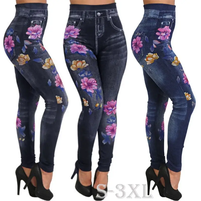 Slim Women Leggings Floral Print Pencil Faux Denim Jeans Casual Leggings S-3XL