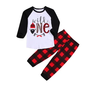

Christmas Hot Selling Medium-small Young Children Crew Neck Long Sleeve Printed Lettered Tops Plaid Trousers Set