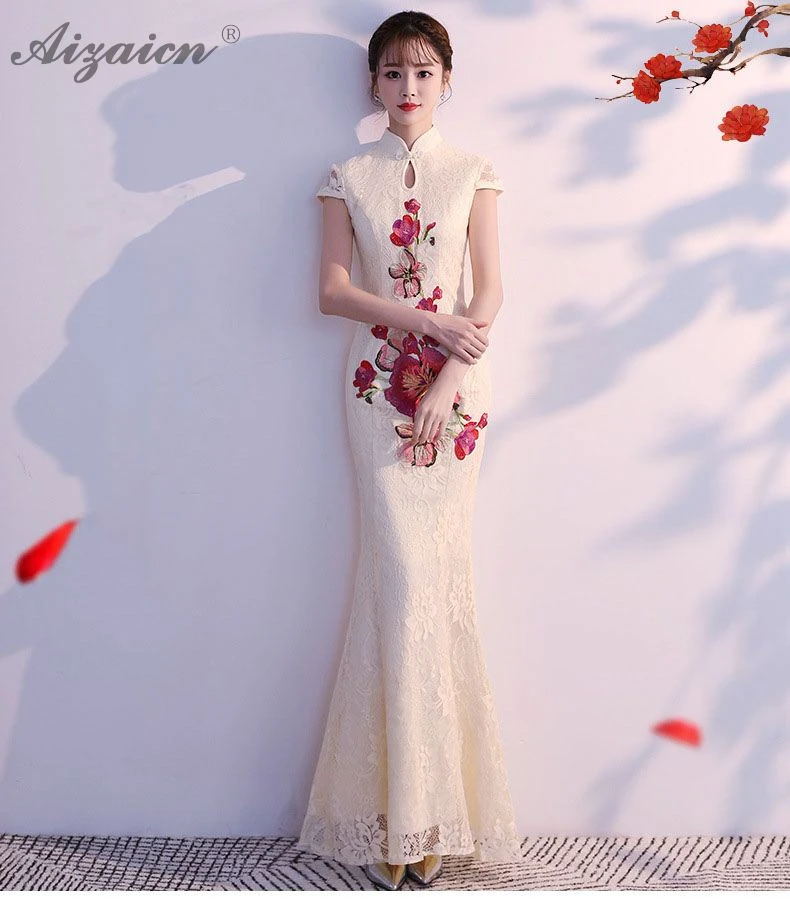 Современная Русалка Кружева Вышивка Cheongsam Китай длинные платья Qi Pao женщины традиционное китайское вечернее китайское платье-Ципао продвижение Халат