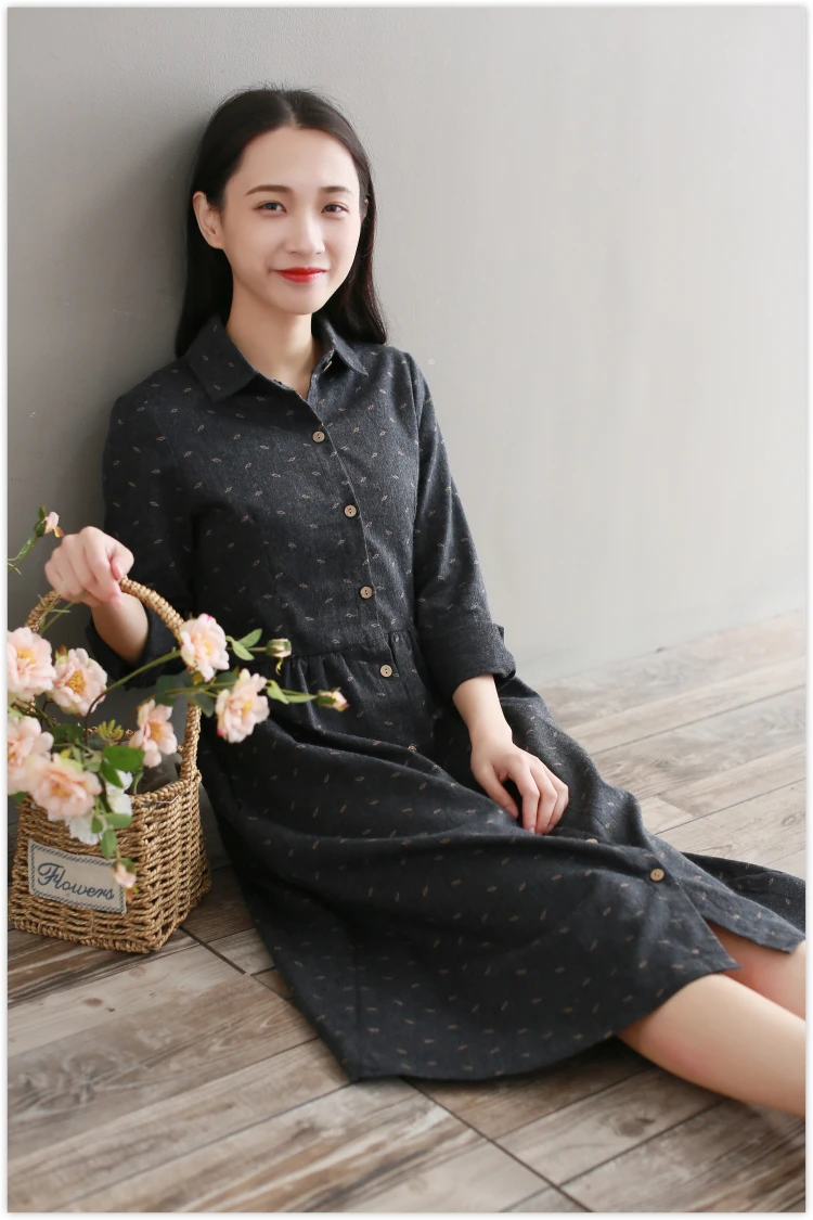 Robe Femme/осенне-зимнее винтажное платье элегантные хлопковые платья с длинными рукавами и отложным воротником для девочек Vestidos AF830
