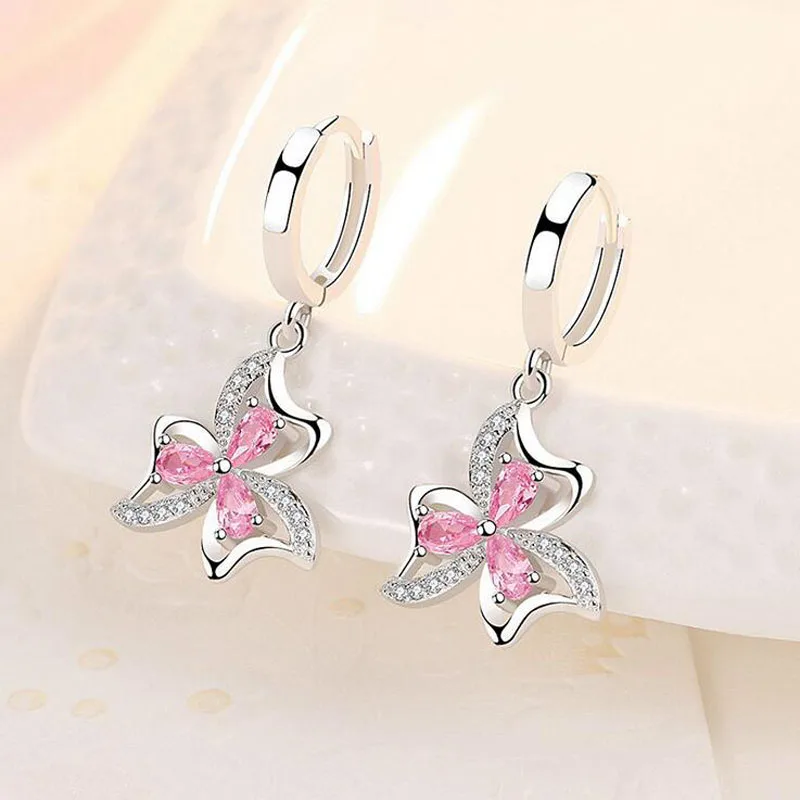 pink Новая мода 925, серебряные серьги-кольца с прозрачными кристаллами, цирконием, цветком, подвеской для женщин, серьги для свадебной вечеринки, подарок, ювелирное изделие - Окраска металла: pink