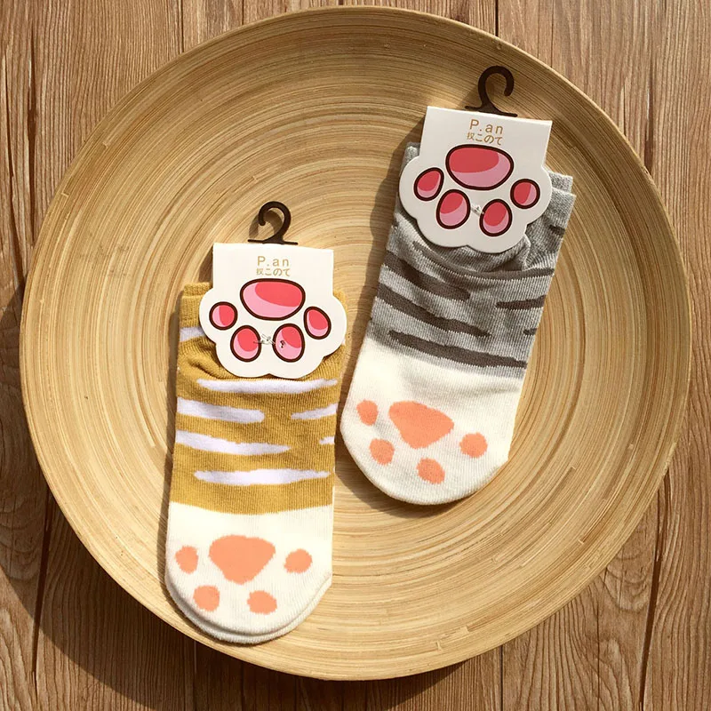 Новые зимние хлопковые жаккардовые забавные носки kawaii с котами и лапами теплые носки до щиколотки с милыми мультяшными животными для женщин и девочек короткие носки в полоску chris