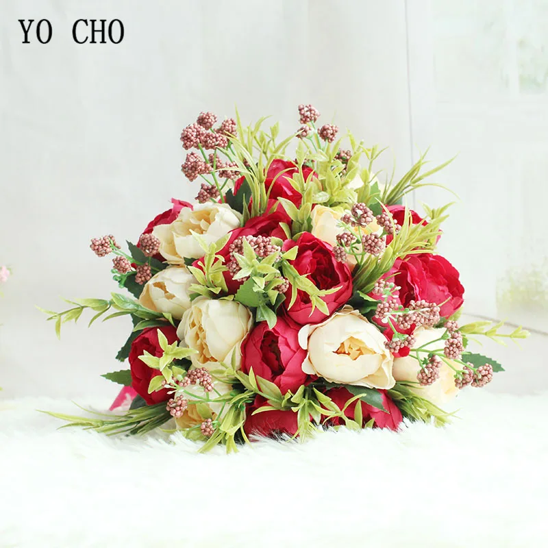 YO CHO букет искусственных цветов Свадебный букет свадебный цветок Шампань розовый шелк Пион Роза Калла Лилия DIY свадебные принадлежности - Цвет: A-red