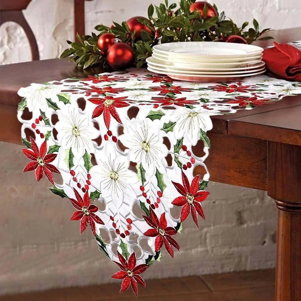 Embroidered Christmas Table Runner Poinsettia Holly Leaf Linens Table Cloth Home Table Decoration Xmas Party Supplie