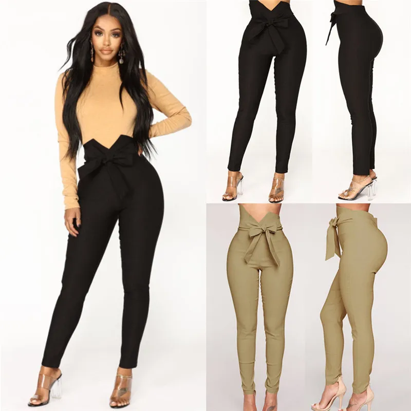 Women Trousers Bowknot Stretch Slim Pencil High Waist Casual Pants Fashion Ladies Bandage Elastic with Sashes | Женская одежда