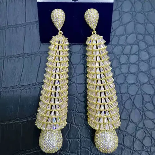 GODKI Роскошные Длинные серьги с огранкой в виде багета с фианитами, покрытые натуральным цирконием, Naija, Дубай, свадебные серьги, модные ювелирные изделия высокого класса - Окраска металла: Gold