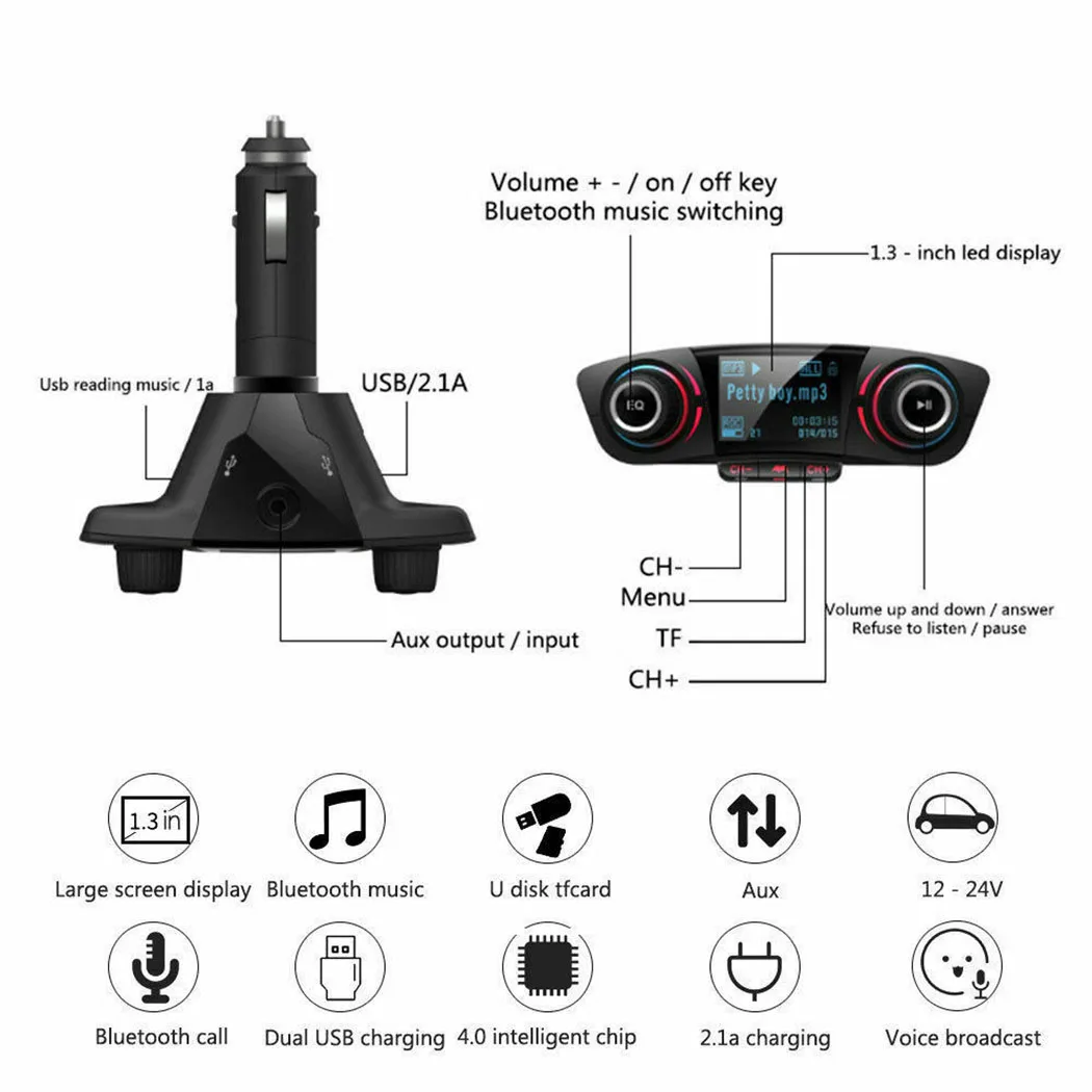 Car Aux bluetooth Handsfree Kit fm transmitter LCD MP3 Player Dual USB Charger 2.1A TF card U Disk Hands Free Car Kit